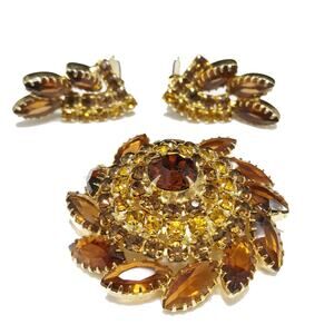 Vintage Topaz Rhinestone Brooch Earrings Set Domed Juliana Style